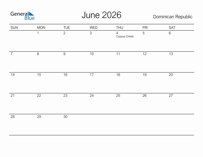 Printable June 2026 Calendar for Dominican Republic