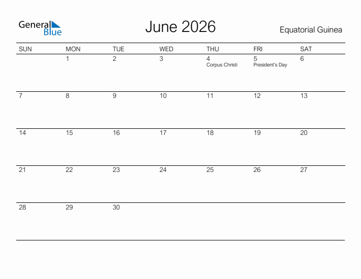 Printable June 2026 Calendar for Equatorial Guinea