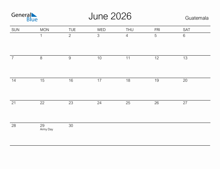 Printable June 2026 Calendar for Guatemala