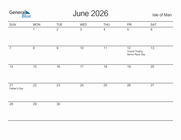 Printable June 2026 Calendar for Isle of Man