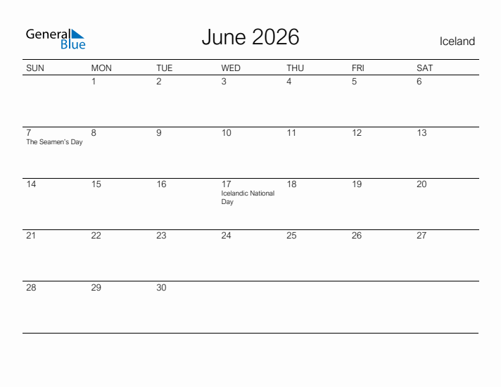 Printable June 2026 Calendar for Iceland