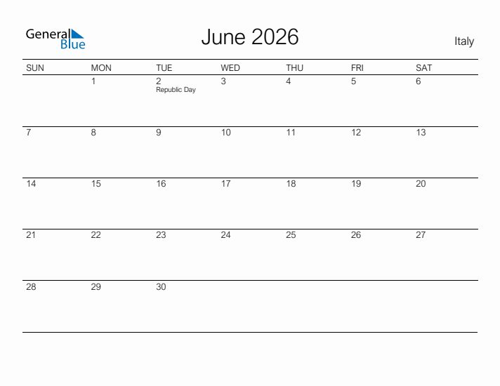 Printable June 2026 Calendar for Italy