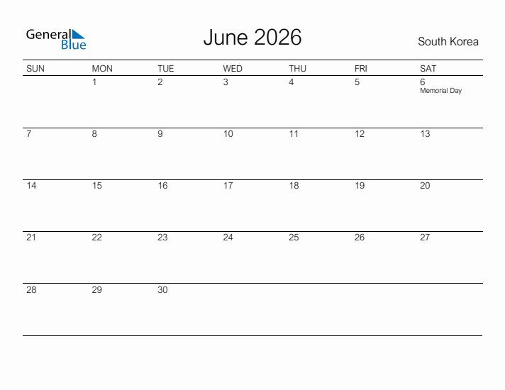 Printable June 2026 Calendar for South Korea