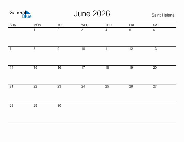 Printable June 2026 Calendar for Saint Helena