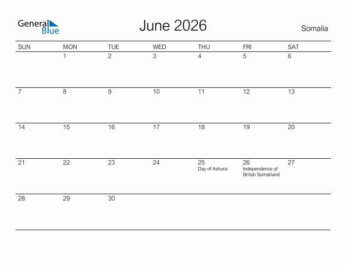 Printable June 2026 Calendar for Somalia