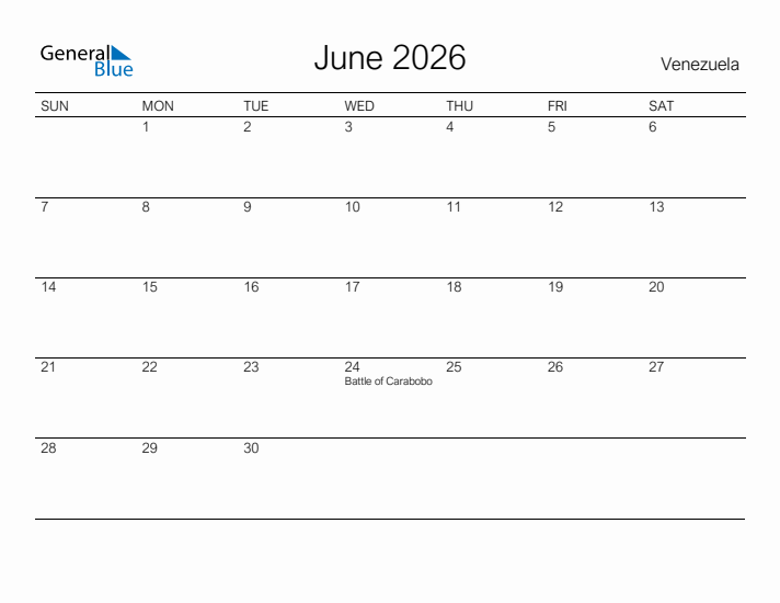 Printable June 2026 Calendar for Venezuela