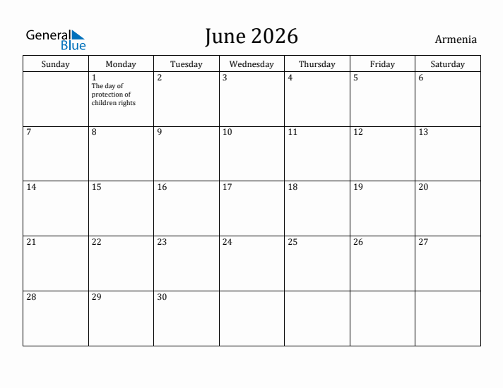 June 2026 Calendar Armenia