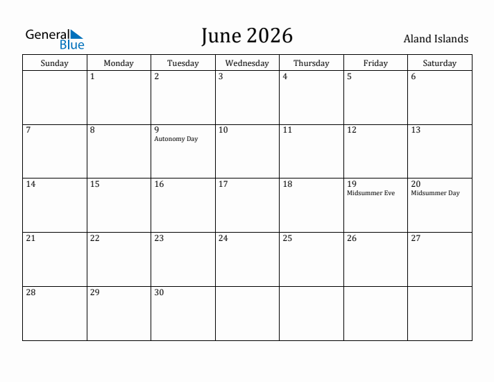 June 2026 Calendar Aland Islands