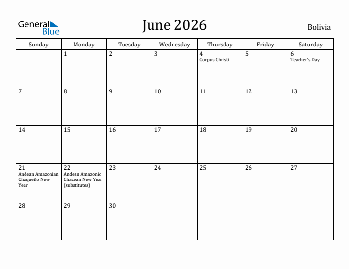 June 2026 Calendar Bolivia