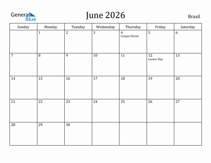 June 2026 Calendar Brazil