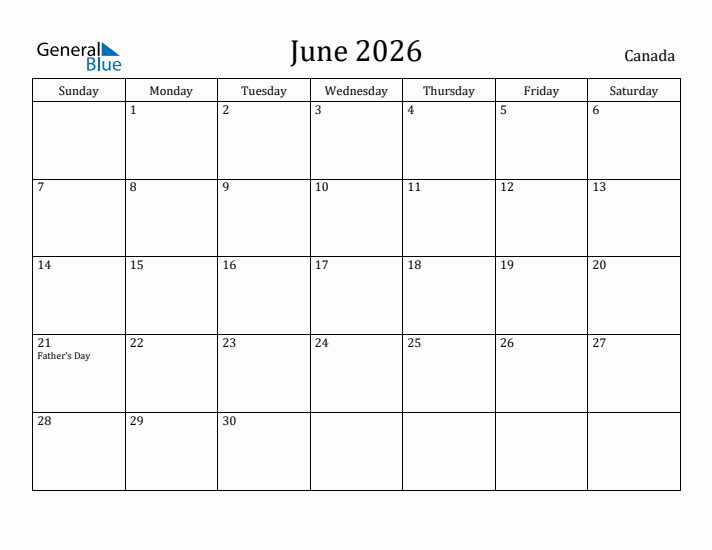 June 2026 Calendar Canada