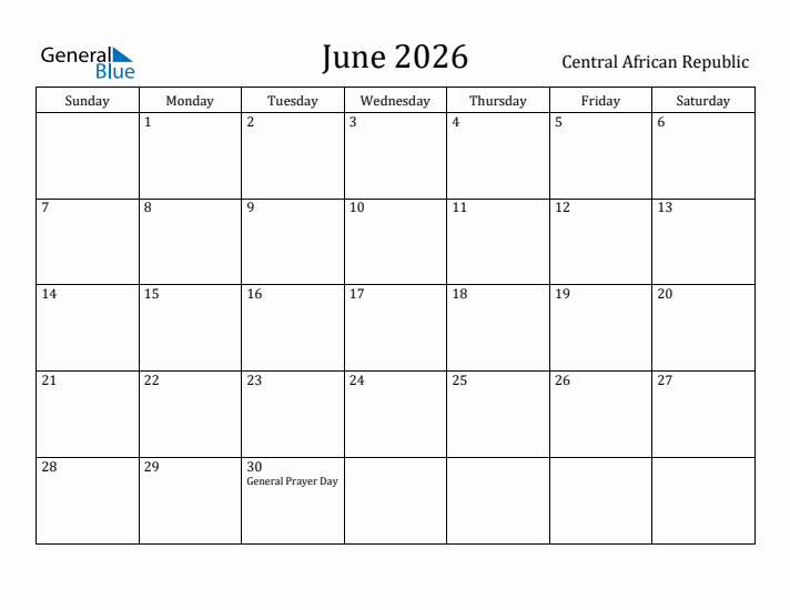 June 2026 Calendar Central African Republic