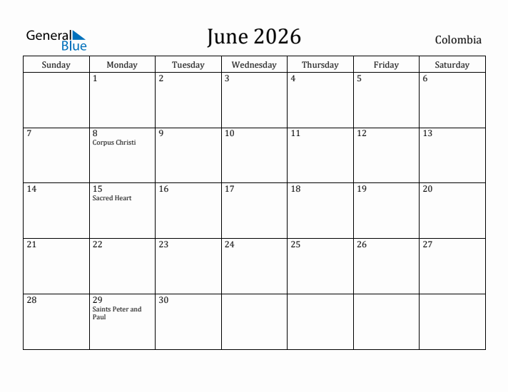 June 2026 Calendar Colombia