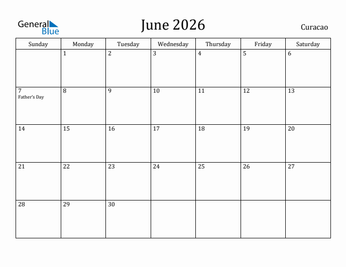 June 2026 Calendar Curacao