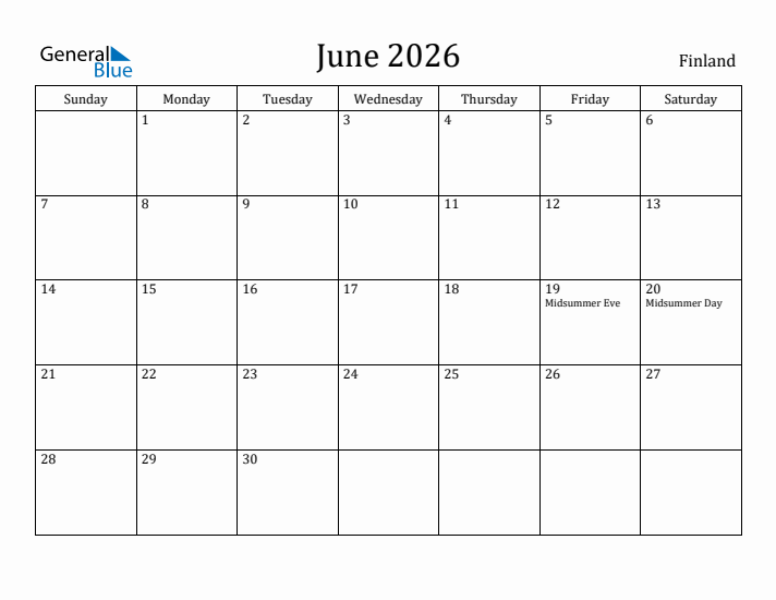 June 2026 Calendar Finland