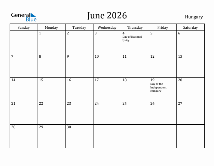 June 2026 Calendar Hungary