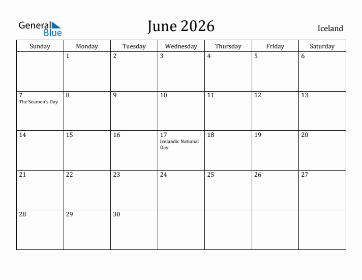 June 2026 Calendar Iceland