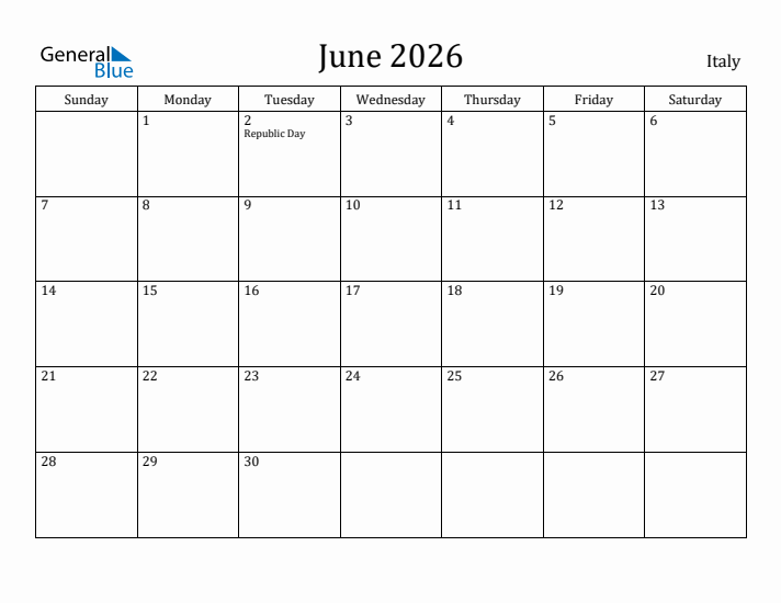 June 2026 Calendar Italy