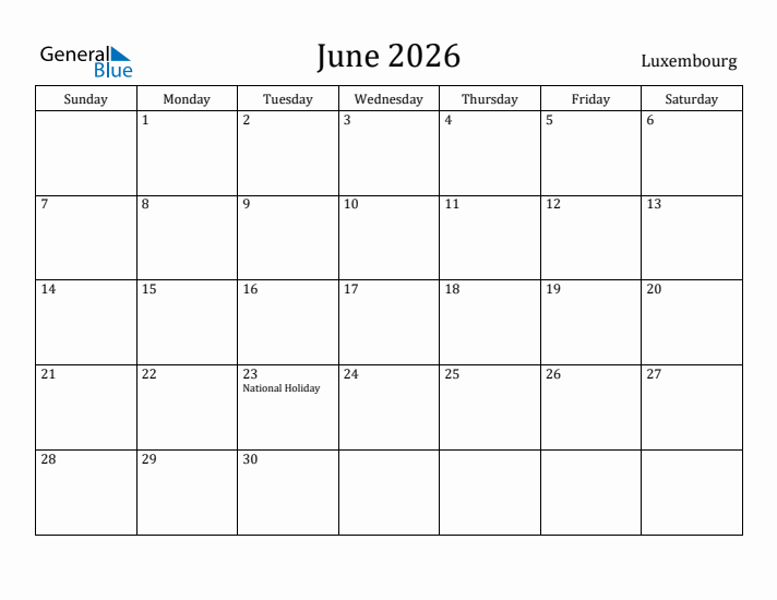 June 2026 Calendar Luxembourg