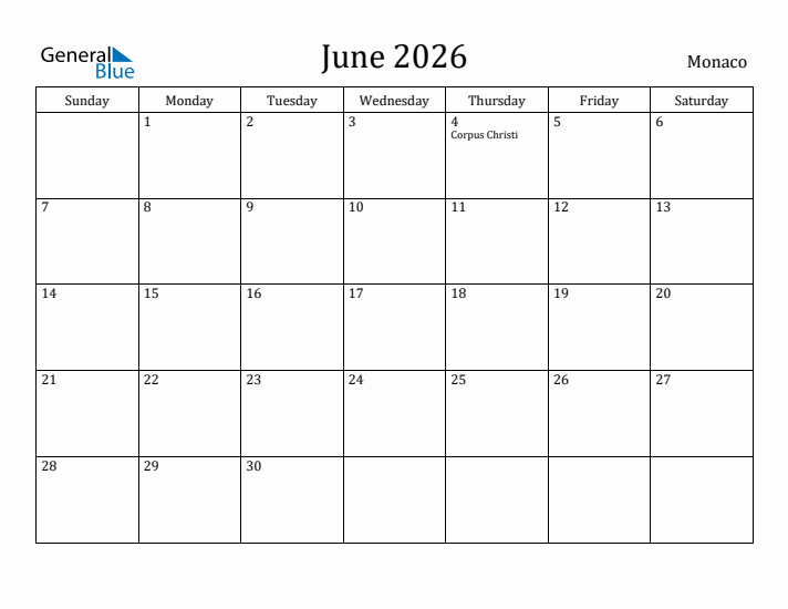 June 2026 Calendar Monaco