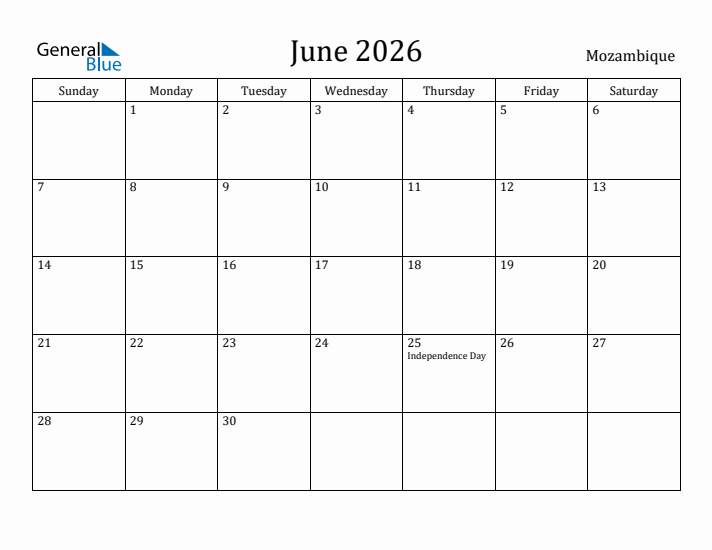 June 2026 Calendar Mozambique