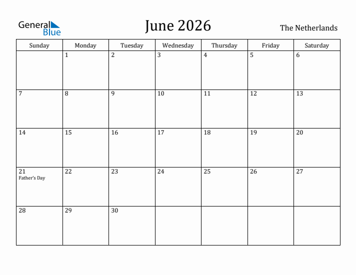 June 2026 Calendar The Netherlands