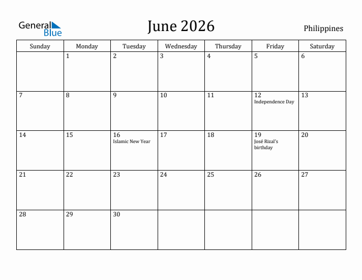 June 2026 Calendar Philippines