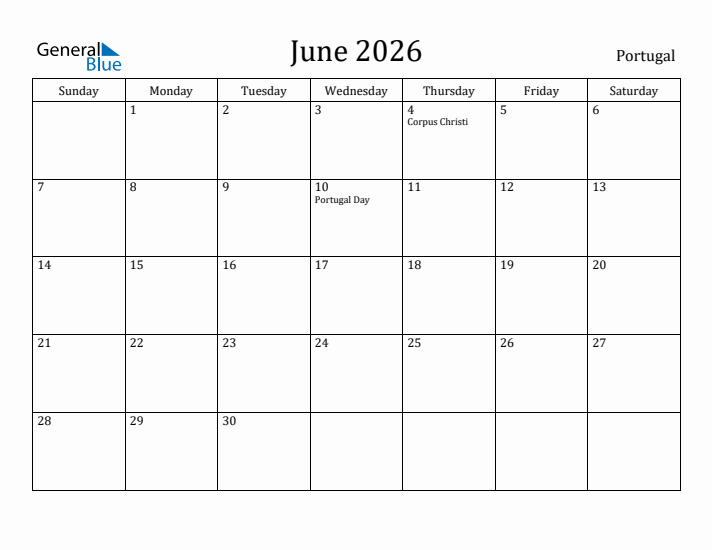 June 2026 Calendar Portugal