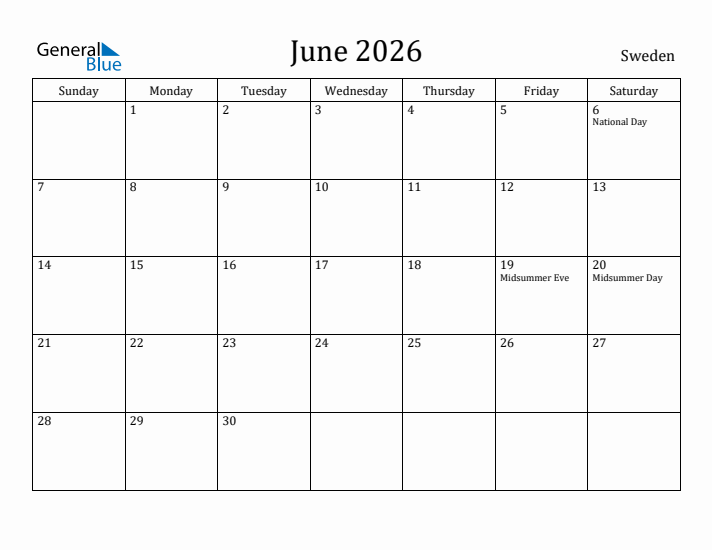 June 2026 Calendar Sweden