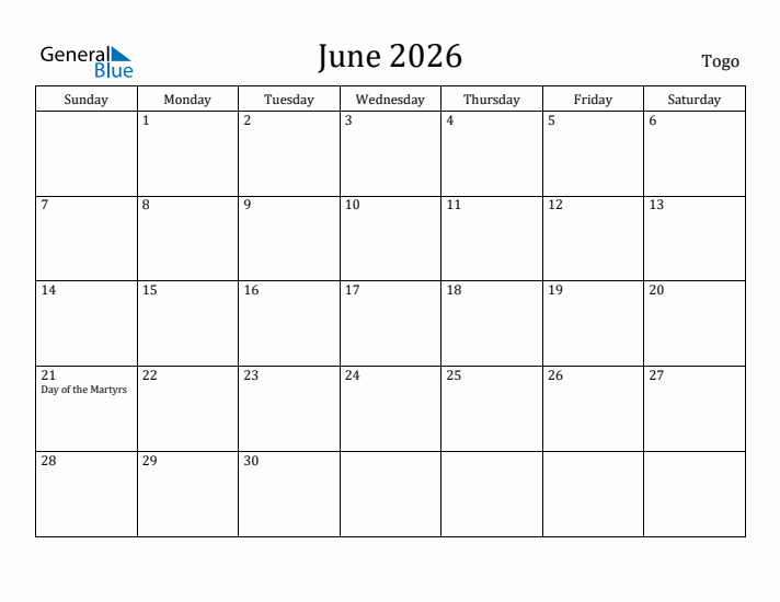 June 2026 Calendar Togo