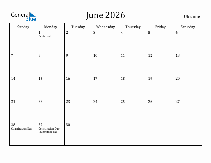 June 2026 Calendar Ukraine