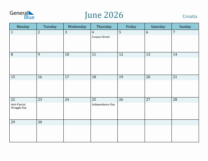 June 2026 Calendar with Holidays