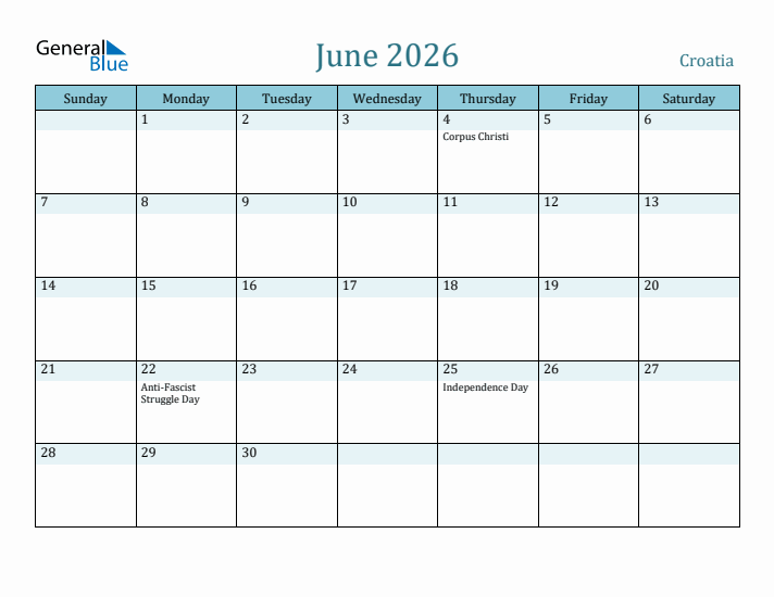 June 2026 Calendar with Holidays