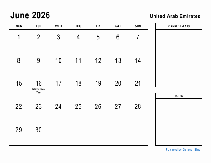 June 2026 Printable Monthly Calendar with United Arab Emirates Holidays