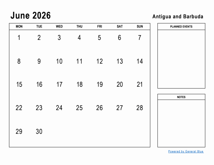 June 2026 Printable Monthly Calendar with Antigua and Barbuda Holidays