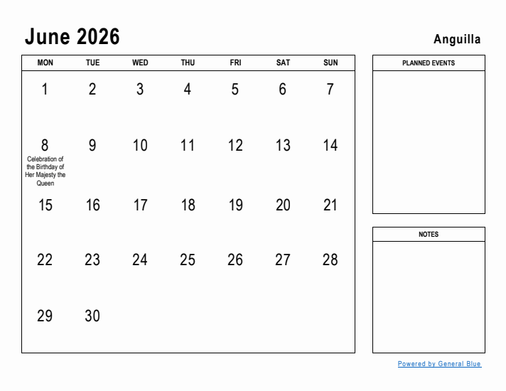 June 2026 Printable Monthly Calendar with Anguilla Holidays