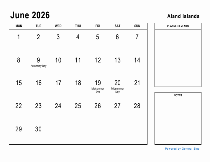 June 2026 Printable Monthly Calendar with Aland Islands Holidays