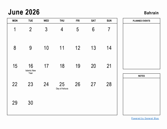 June 2026 Printable Monthly Calendar with Bahrain Holidays