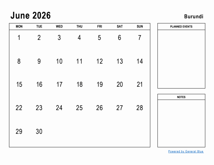 June 2026 Printable Monthly Calendar with Burundi Holidays