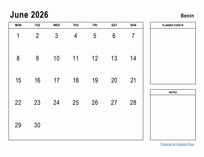 June 2026 Printable Monthly Calendar with Benin Holidays