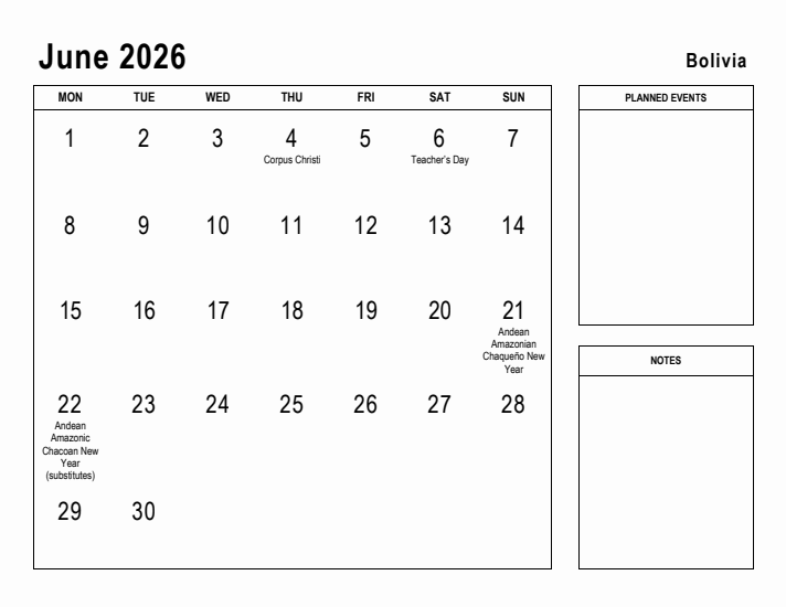 June 2026 Printable Monthly Calendar with Bolivia Holidays