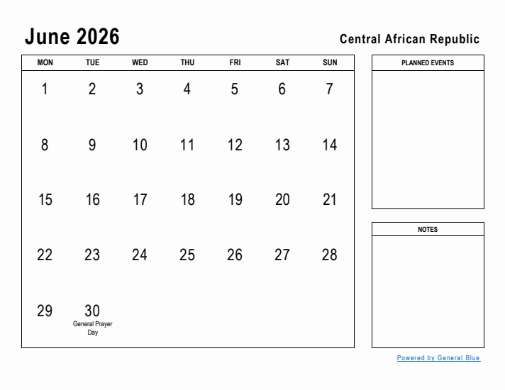 June 2026 Printable Monthly Calendar with Central African Republic Holidays