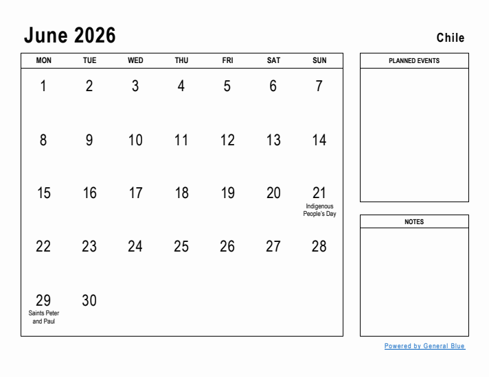 June 2026 Printable Monthly Calendar with Chile Holidays