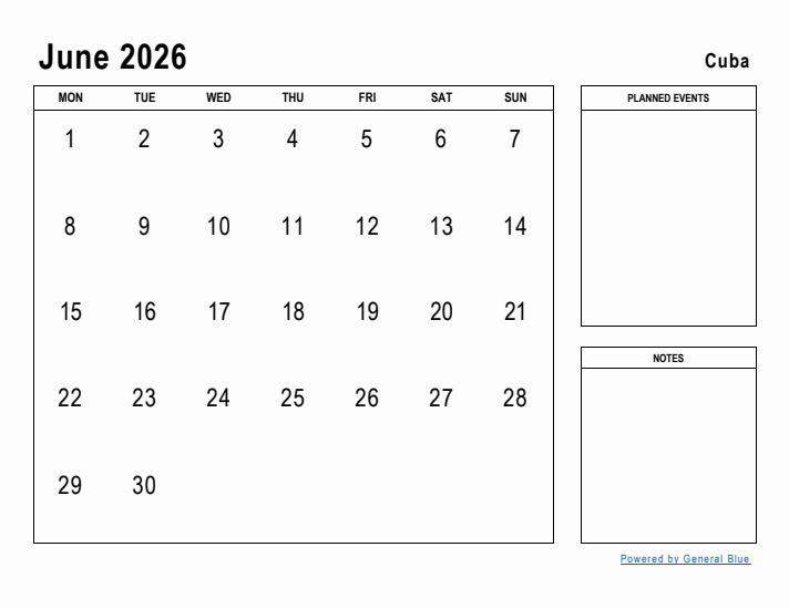 June 2026 Printable Monthly Calendar with Cuba Holidays