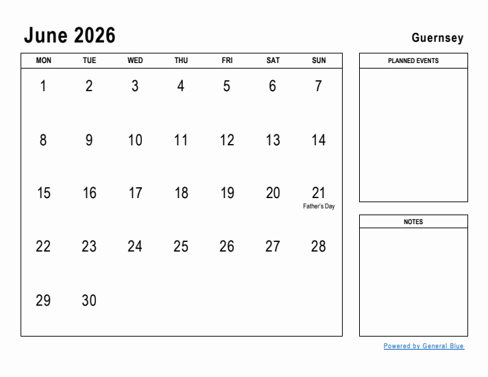 June 2026 Printable Monthly Calendar with Guernsey Holidays