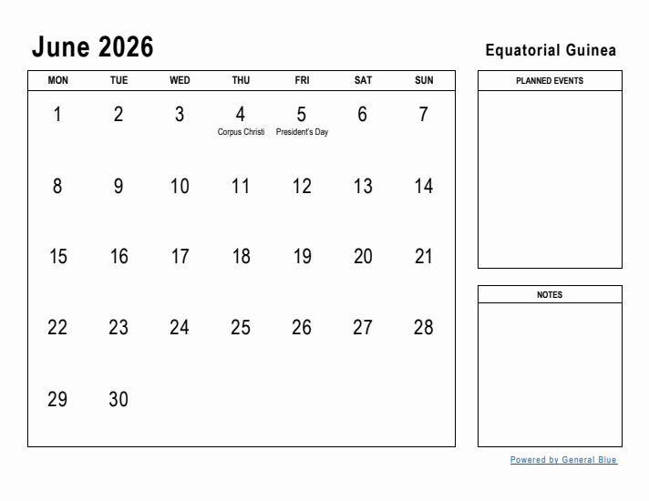 June 2026 Printable Monthly Calendar with Equatorial Guinea Holidays