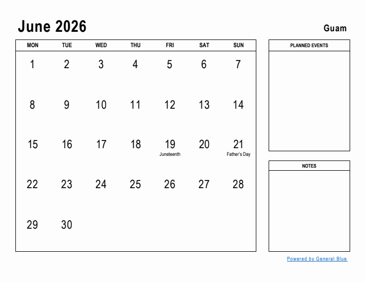 June 2026 Printable Monthly Calendar with Guam Holidays