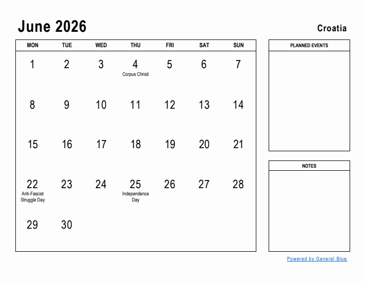 June 2026 Printable Monthly Calendar with Croatia Holidays