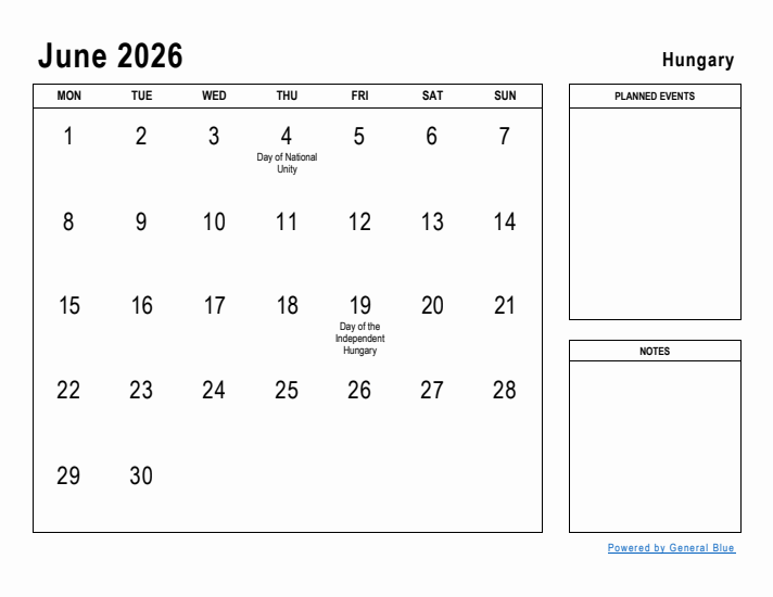 June 2026 Printable Monthly Calendar with Hungary Holidays