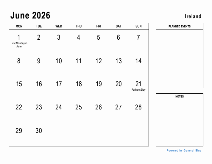 June 2026 Printable Monthly Calendar with Ireland Holidays